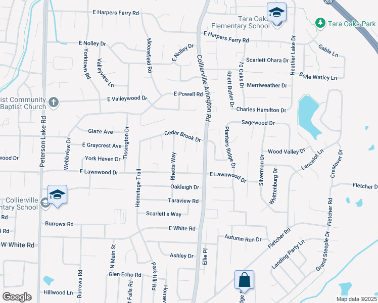map of restaurants, bars, coffee shops, grocery stores, and more near 745 James Cove in Collierville
