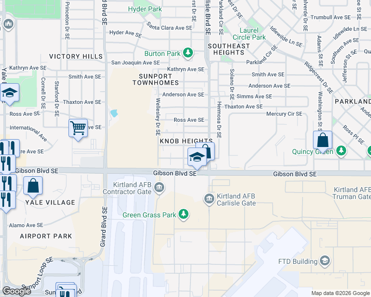 map of restaurants, bars, coffee shops, grocery stores, and more near 3437 Crest Avenue Southeast in Albuquerque