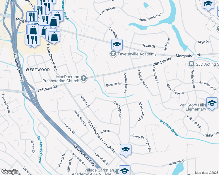 map of restaurants, bars, coffee shops, grocery stores, and more near 3225 Brechin Road in Fayetteville