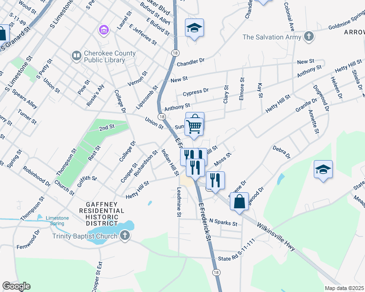 map of restaurants, bars, coffee shops, grocery stores, and more near 1405 East Frederick Street in Gaffney