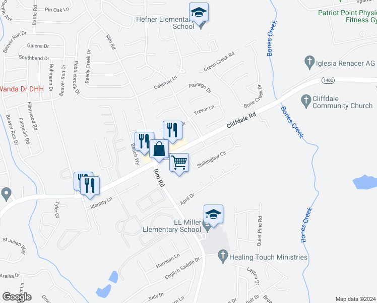 map of restaurants, bars, coffee shops, grocery stores, and more near 7324 Shillinglaw Circle in Fayetteville