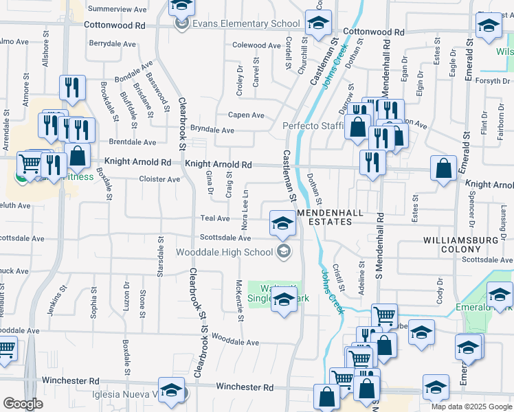 map of restaurants, bars, coffee shops, grocery stores, and more near 5110 Kittie Lee Lane in Memphis