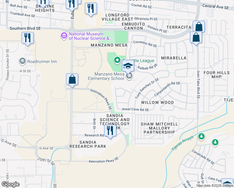 map of restaurants, bars, coffee shops, grocery stores, and more near 1131 Chiricahua Street Southeast in Albuquerque