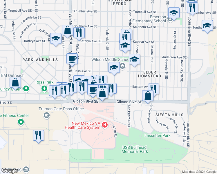 map of restaurants, bars, coffee shops, grocery stores, and more near 5415 Gibson Boulevard Southeast in Albuquerque