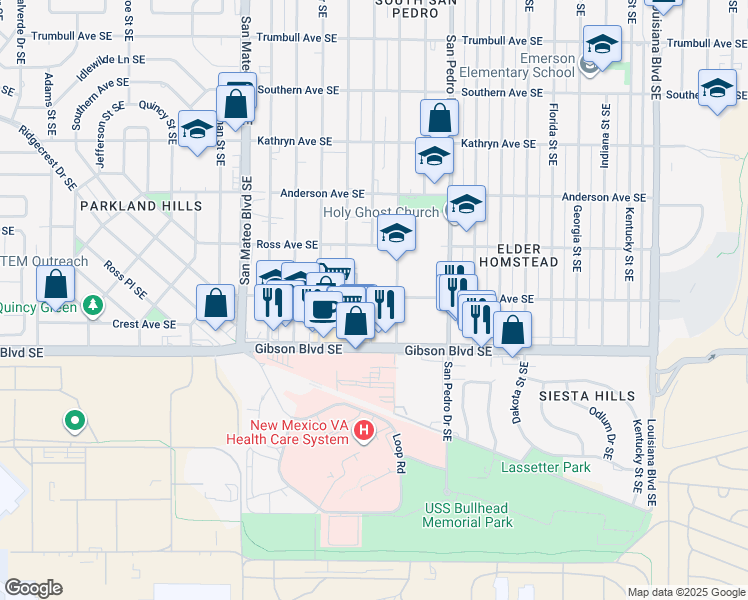 map of restaurants, bars, coffee shops, grocery stores, and more near 5415 Gibson Boulevard Southeast in Albuquerque