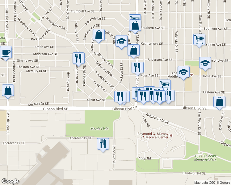 map of restaurants, bars, coffee shops, grocery stores, and more near 1904 Ross Place Southeast in Albuquerque