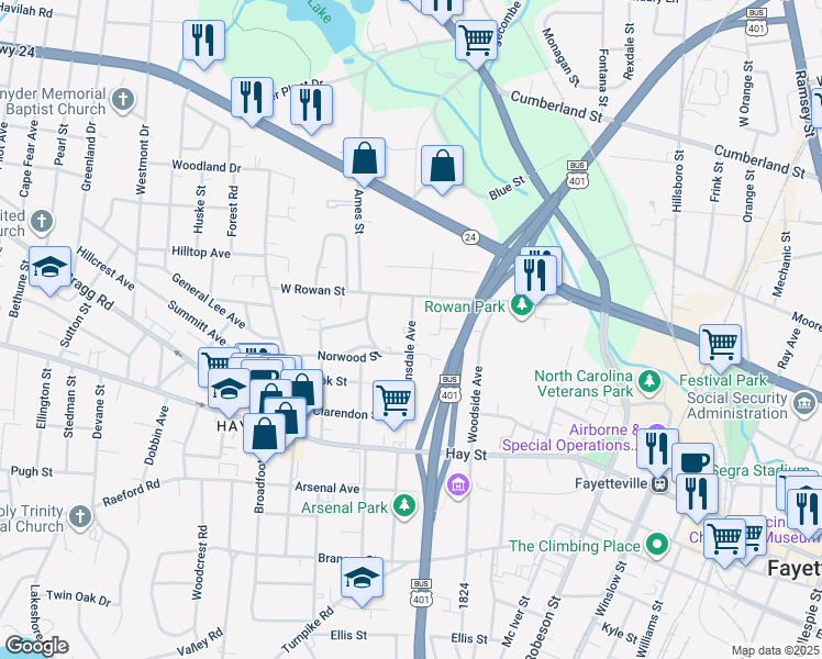 map of restaurants, bars, coffee shops, grocery stores, and more near 302 Hinsdale Avenue in Fayetteville