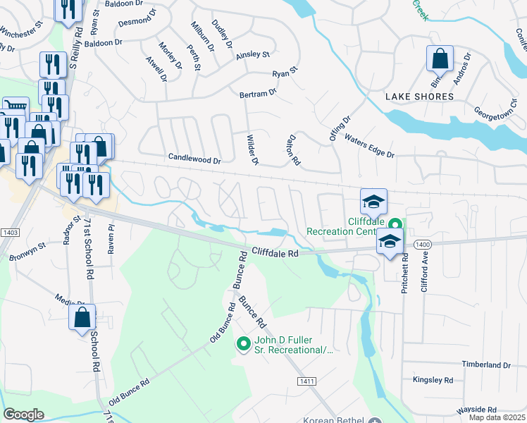 map of restaurants, bars, coffee shops, grocery stores, and more near 667 Bartons Landing Place in Fayetteville