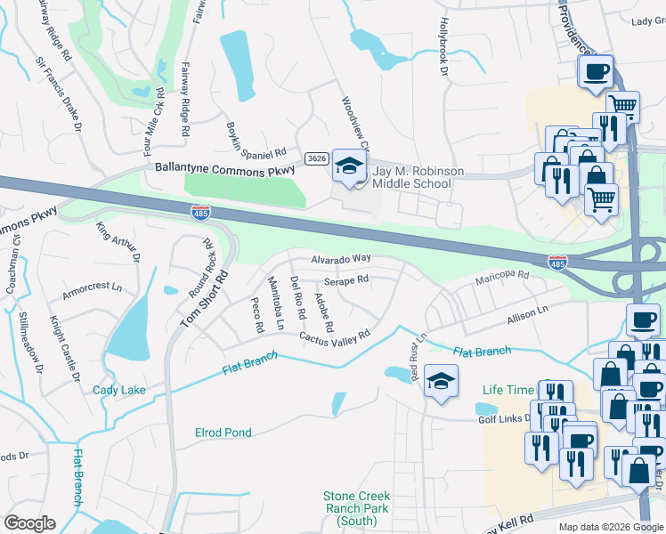 map of restaurants, bars, coffee shops, grocery stores, and more near 10605 Serape Road in Charlotte