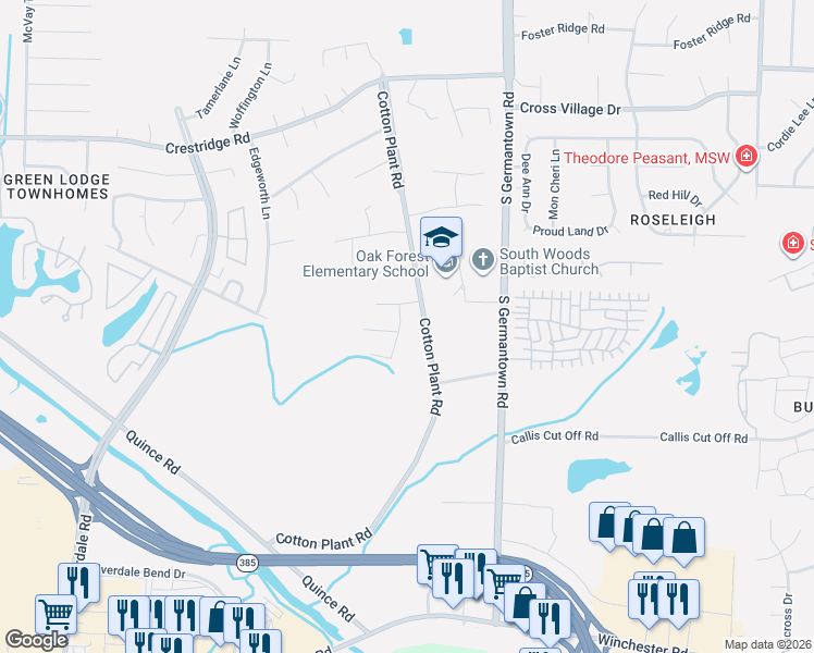 map of restaurants, bars, coffee shops, grocery stores, and more near 7385 Cotton Grove Lane in Memphis