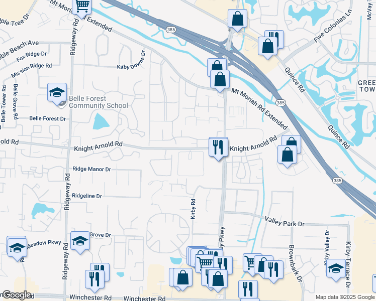 map of restaurants, bars, coffee shops, grocery stores, and more near 6539 Knight Arnold Road in Memphis