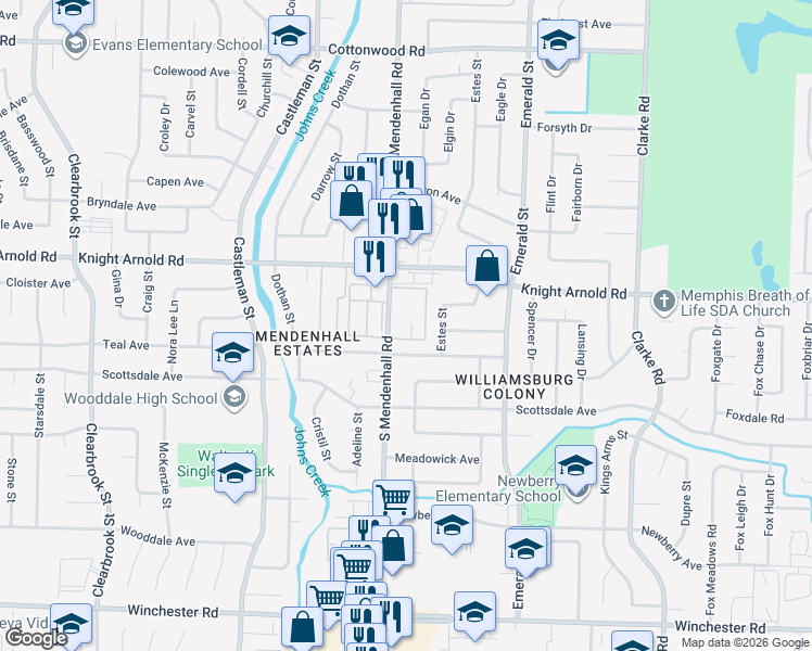 map of restaurants, bars, coffee shops, grocery stores, and more near 3256 South Mendenhall Road in Memphis