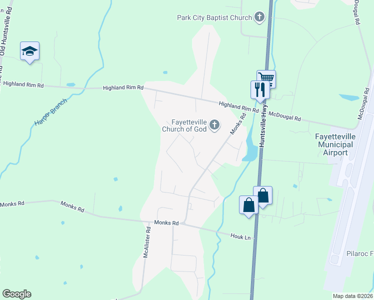 map of restaurants, bars, coffee shops, grocery stores, and more near 16 Long Meadow Drive in Fayetteville