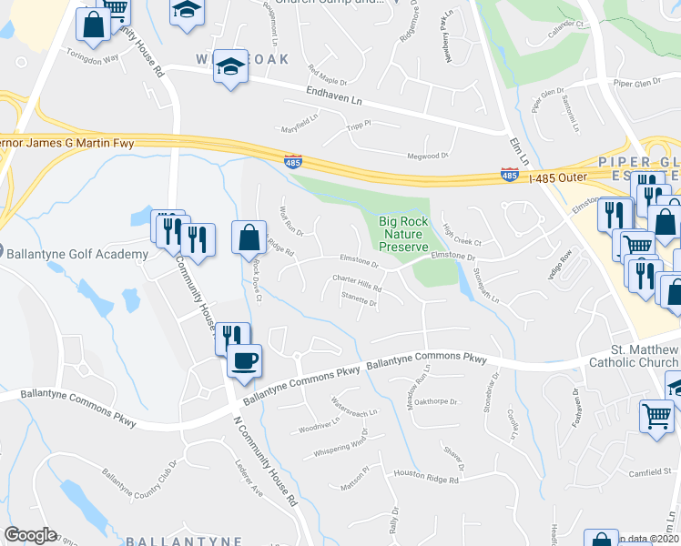 map of restaurants, bars, coffee shops, grocery stores, and more near 6800 Charter Hills Road in Charlotte