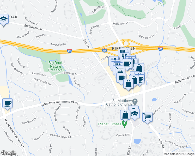map of restaurants, bars, coffee shops, grocery stores, and more near 8300 Indigo Row in Charlotte