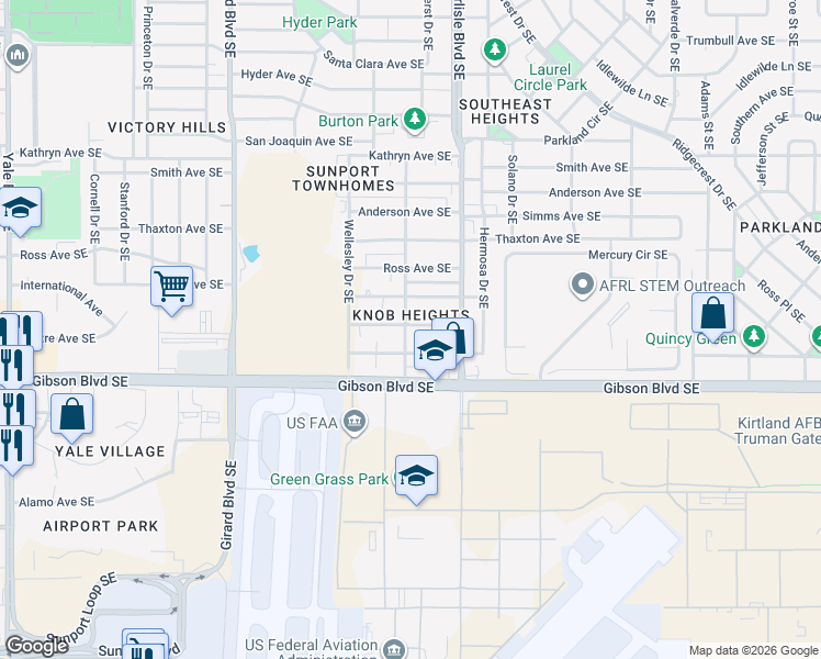 map of restaurants, bars, coffee shops, grocery stores, and more near 3502 Eastern Avenue Southeast in Albuquerque