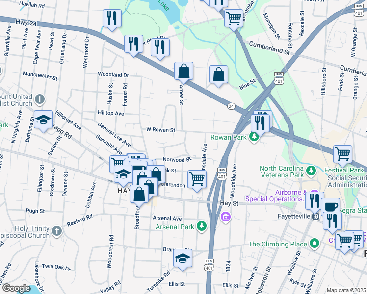 map of restaurants, bars, coffee shops, grocery stores, and more near 1001 Belmont Avenue in Fayetteville