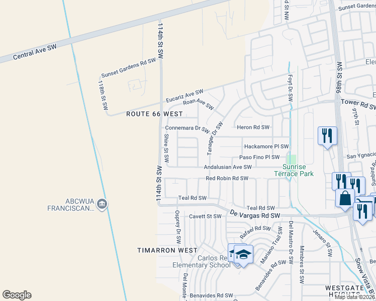 map of restaurants, bars, coffee shops, grocery stores, and more near 11108 Paso Fino Avenue Southwest in Albuquerque
