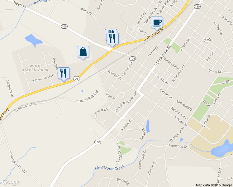 map of restaurants, bars, coffee shops, grocery stores, and more near 202 Forest Lane Drive in Gaffney