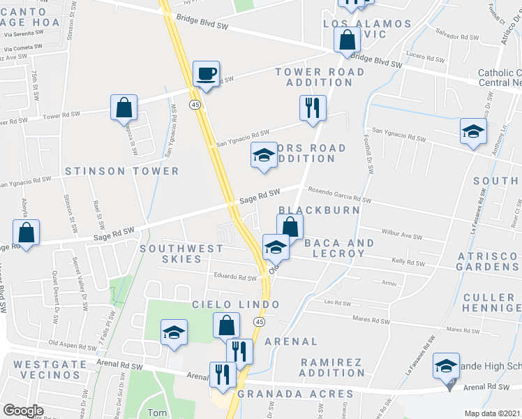 map of restaurants, bars, coffee shops, grocery stores, and more near 6500 Sage Road Southwest in Albuquerque