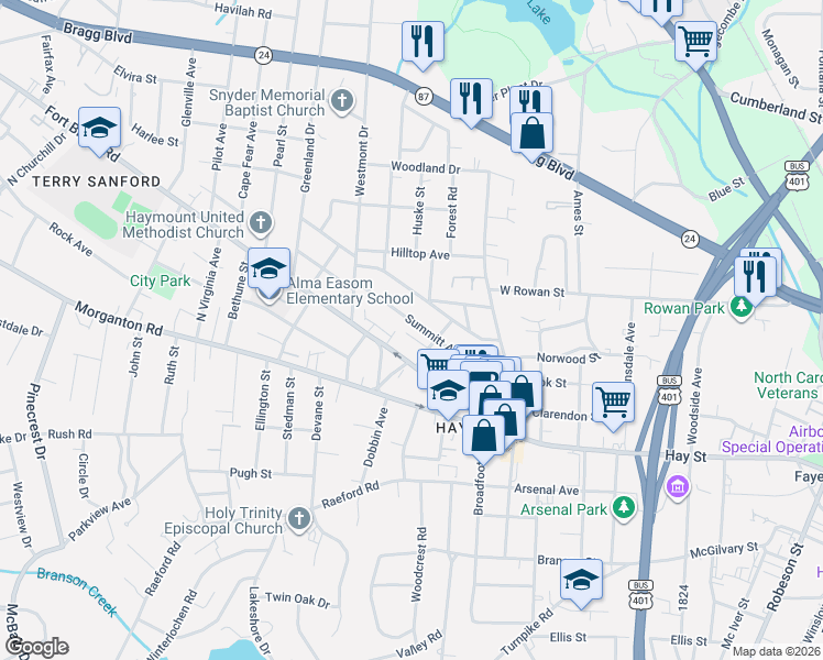 map of restaurants, bars, coffee shops, grocery stores, and more near 1407 Morgan Lane in Fayetteville