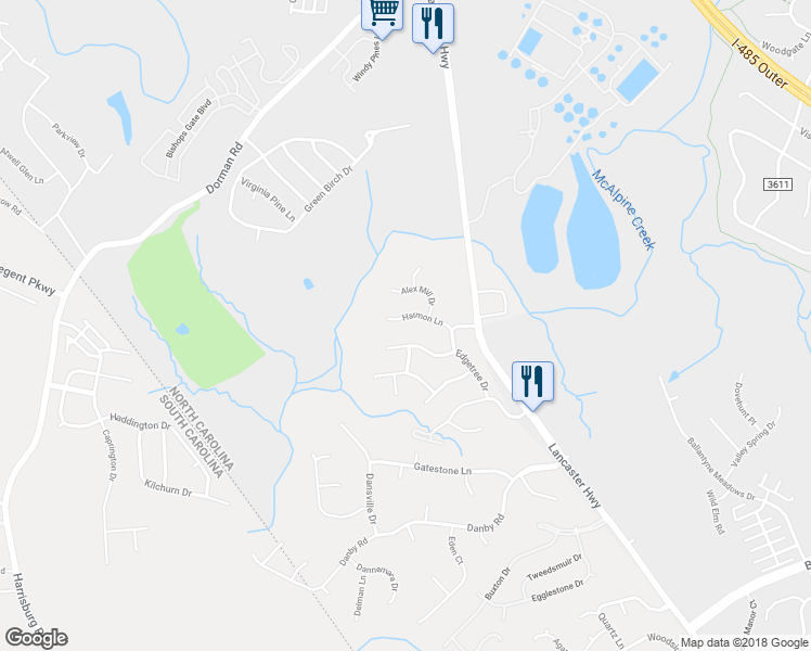 map of restaurants, bars, coffee shops, grocery stores, and more near 11928 Harmon Lane in Pineville