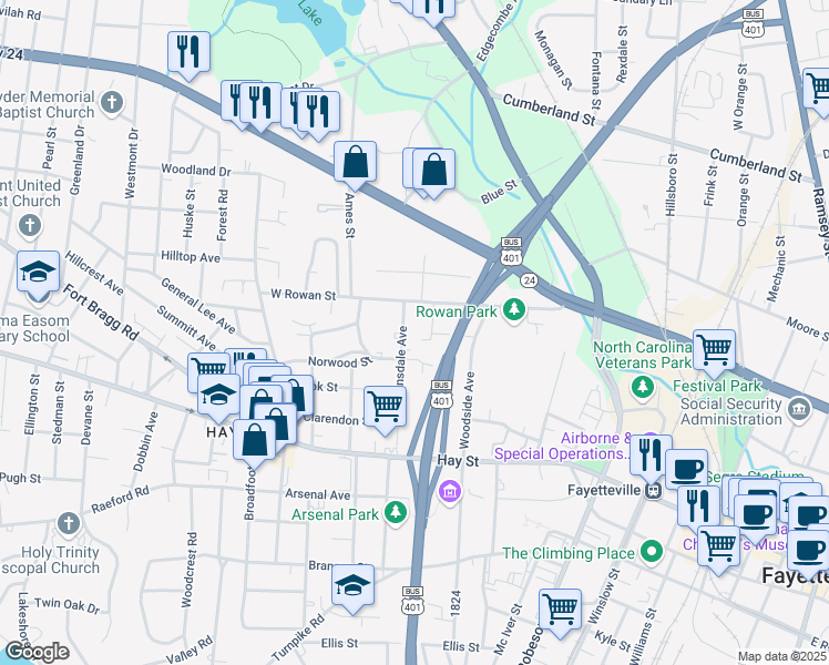 map of restaurants, bars, coffee shops, grocery stores, and more near 302 Hinsdale Avenue in Fayetteville