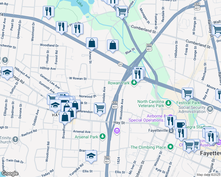 map of restaurants, bars, coffee shops, grocery stores, and more near 823 Azalea Drive in Fayetteville