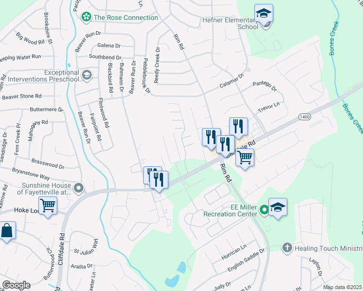 map of restaurants, bars, coffee shops, grocery stores, and more near 1141 Glen Iris Drive in Fayetteville