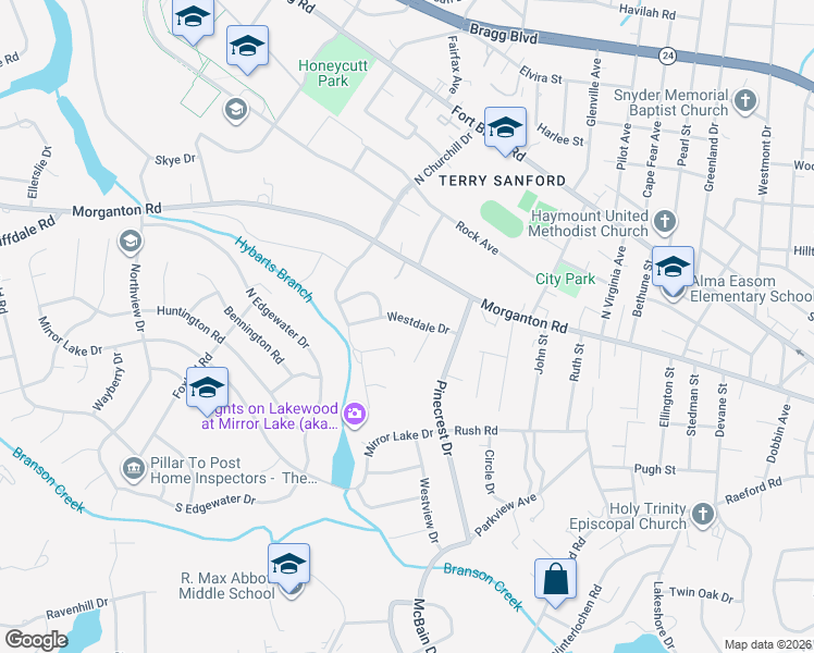 map of restaurants, bars, coffee shops, grocery stores, and more near 171 South Churchill Drive in Fayetteville