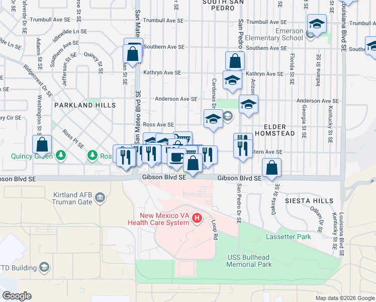 map of restaurants, bars, coffee shops, grocery stores, and more near Eastern Ave SE & Alvarado Dr SE in Albuquerque