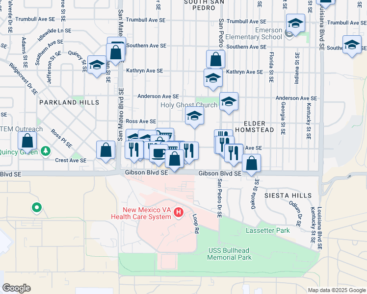 map of restaurants, bars, coffee shops, grocery stores, and more near 5415 Gibson Boulevard Southeast in Albuquerque