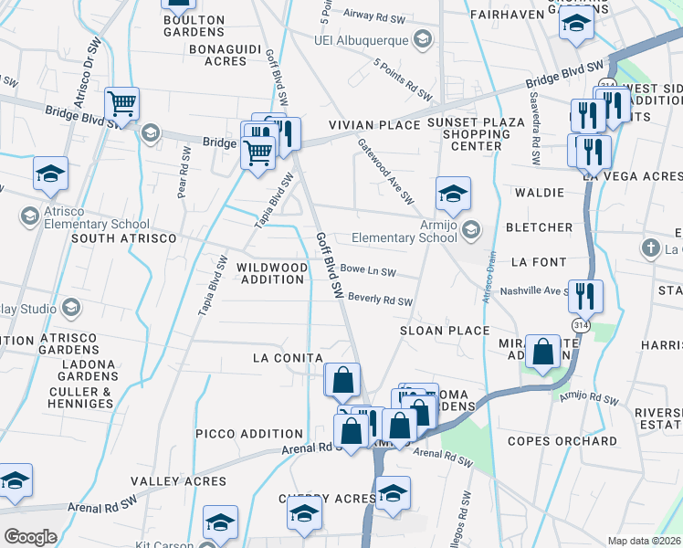 map of restaurants, bars, coffee shops, grocery stores, and more near 1700 Wildwood Lane Southwest in Albuquerque