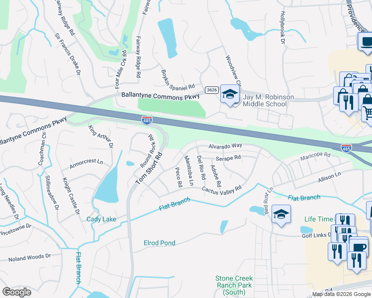 map of restaurants, bars, coffee shops, grocery stores, and more near 6407 Manitoba Lane in Charlotte