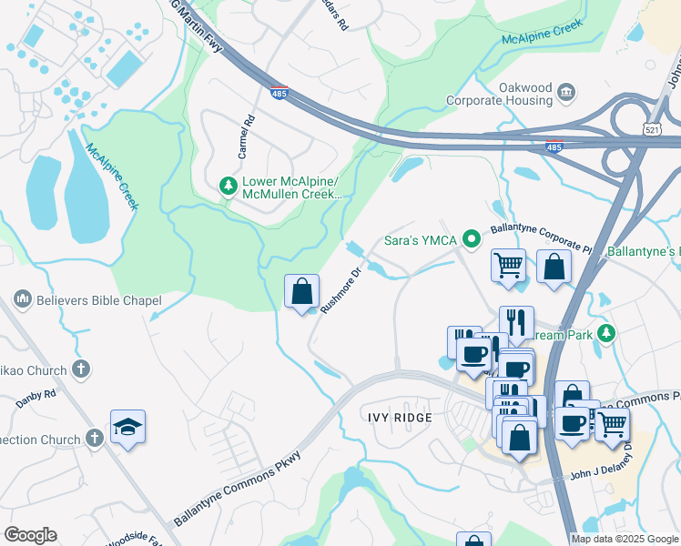 map of restaurants, bars, coffee shops, grocery stores, and more near 11001-11019 Rushmore Dr in Charlotte