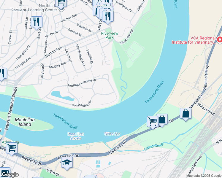 map of restaurants, bars, coffee shops, grocery stores, and more near 1219 Constitution Drive in Chattanooga