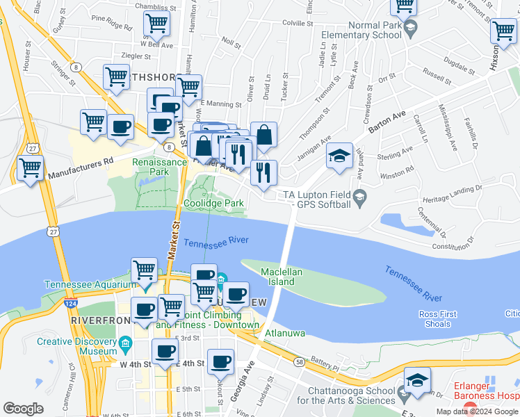 map of restaurants, bars, coffee shops, grocery stores, and more near 500 River Street in Chattanooga