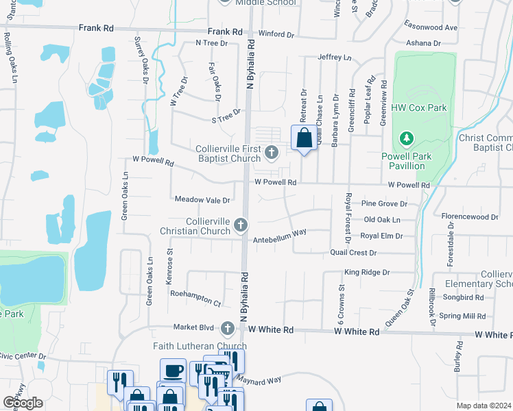 map of restaurants, bars, coffee shops, grocery stores, and more near 696 Fort Sumpter Cove in Collierville