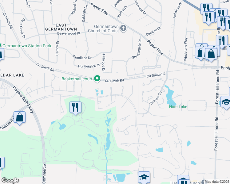 map of restaurants, bars, coffee shops, grocery stores, and more near 8671 Tournament Drive in Memphis