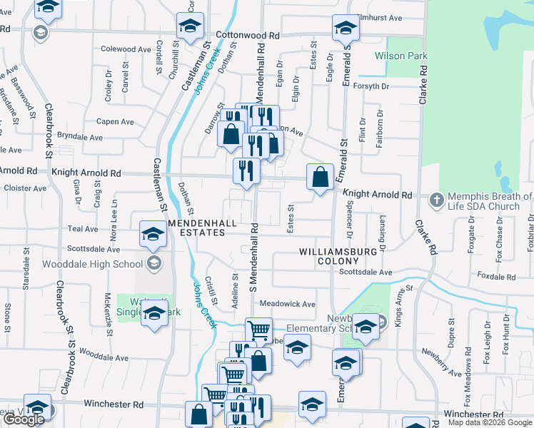 map of restaurants, bars, coffee shops, grocery stores, and more near 3256 South Mendenhall Road in Memphis