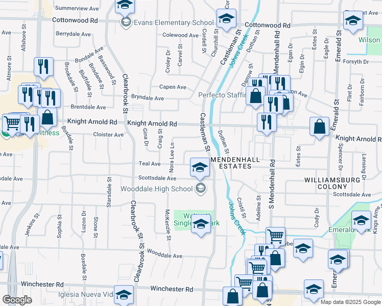 map of restaurants, bars, coffee shops, grocery stores, and more near 5100 Teal Avenue in Memphis
