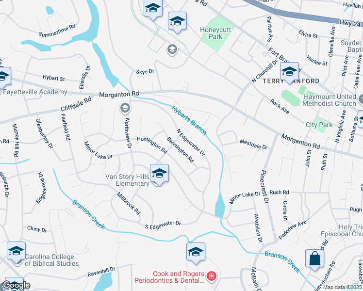 map of restaurants, bars, coffee shops, grocery stores, and more near 2626 Bennington Road in Fayetteville