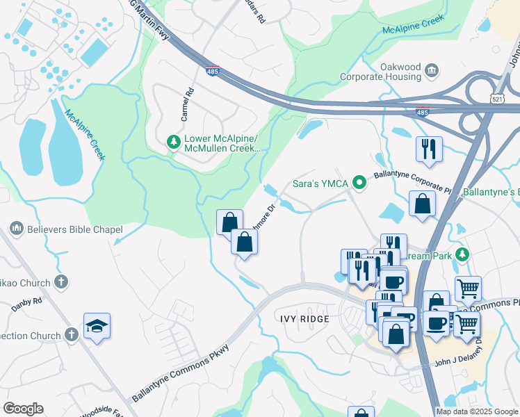 map of restaurants, bars, coffee shops, grocery stores, and more near 11115 Rushmore Drive in Charlotte