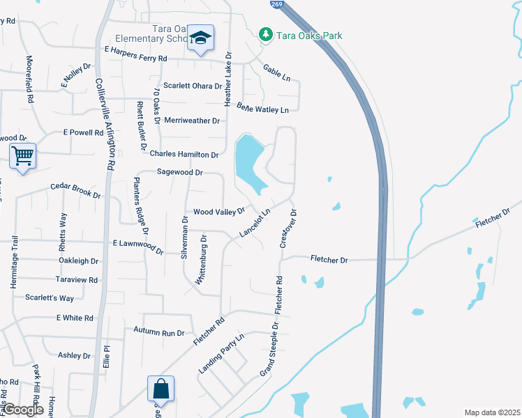 map of restaurants, bars, coffee shops, grocery stores, and more near 732 Lancelot Lane in Collierville