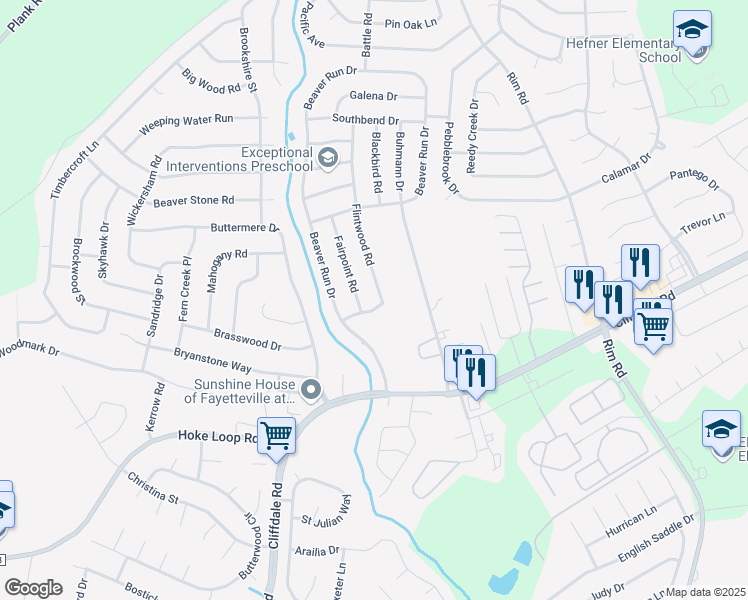 map of restaurants, bars, coffee shops, grocery stores, and more near 976 Flintwood Road in Fayetteville