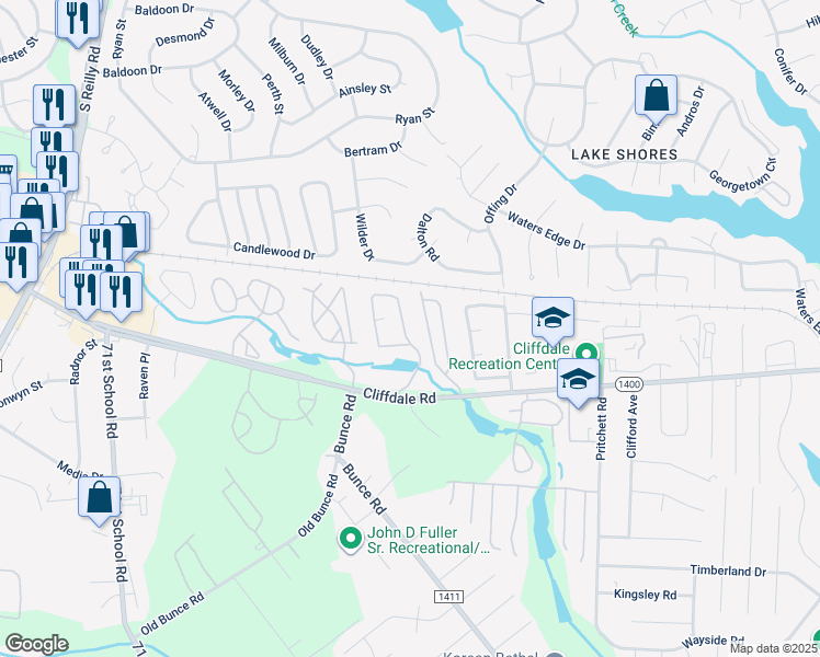 map of restaurants, bars, coffee shops, grocery stores, and more near 685 Bartons Landing Place in Fayetteville
