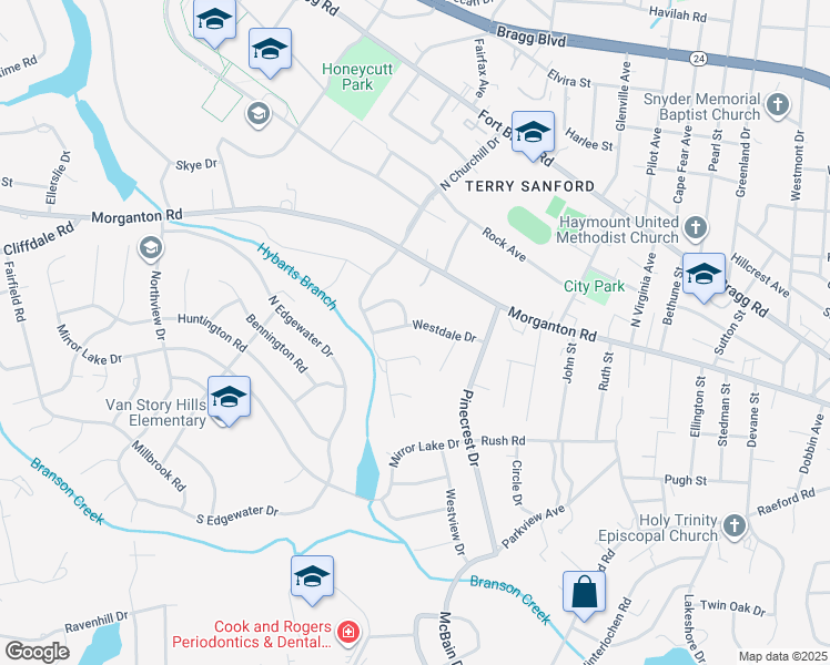 map of restaurants, bars, coffee shops, grocery stores, and more near 2305 Westdale Drive in Fayetteville