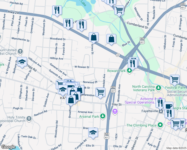 map of restaurants, bars, coffee shops, grocery stores, and more near 1001 Belmont Avenue in Fayetteville