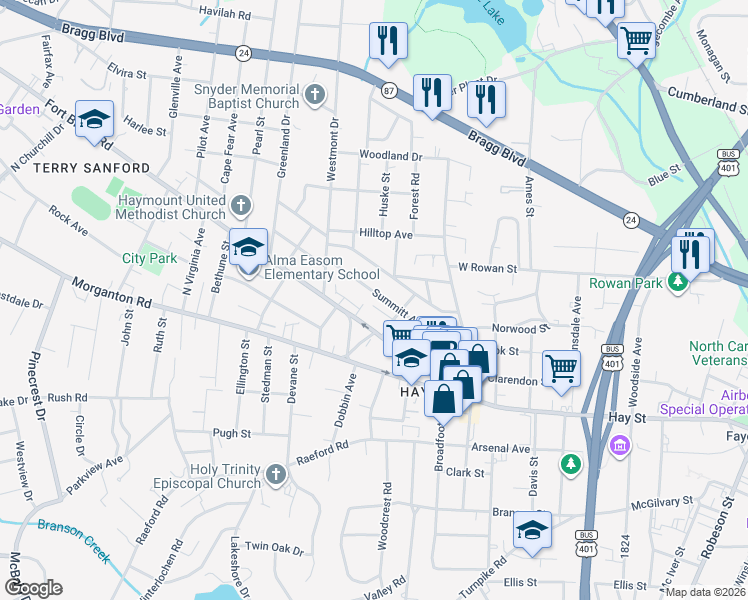 map of restaurants, bars, coffee shops, grocery stores, and more near 1407 Morganton Road in Fayetteville