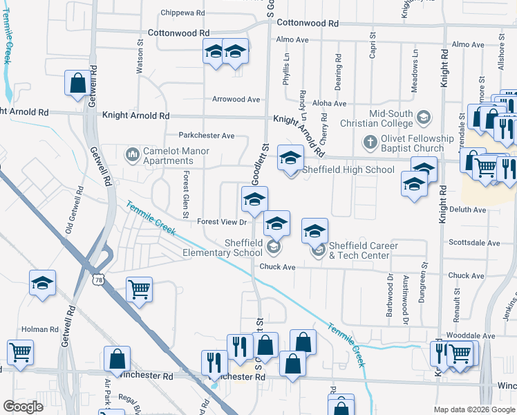 map of restaurants, bars, coffee shops, grocery stores, and more near 3262 South Goodlett Street in Memphis